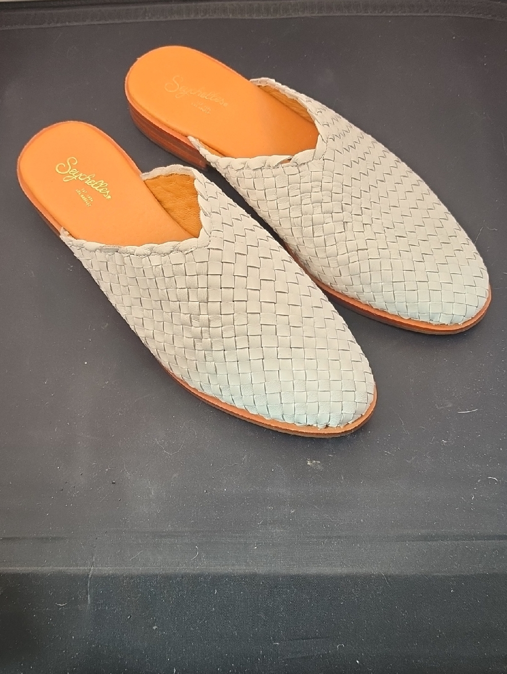 Seychelles Woven Leather Slip-On Mules in white.